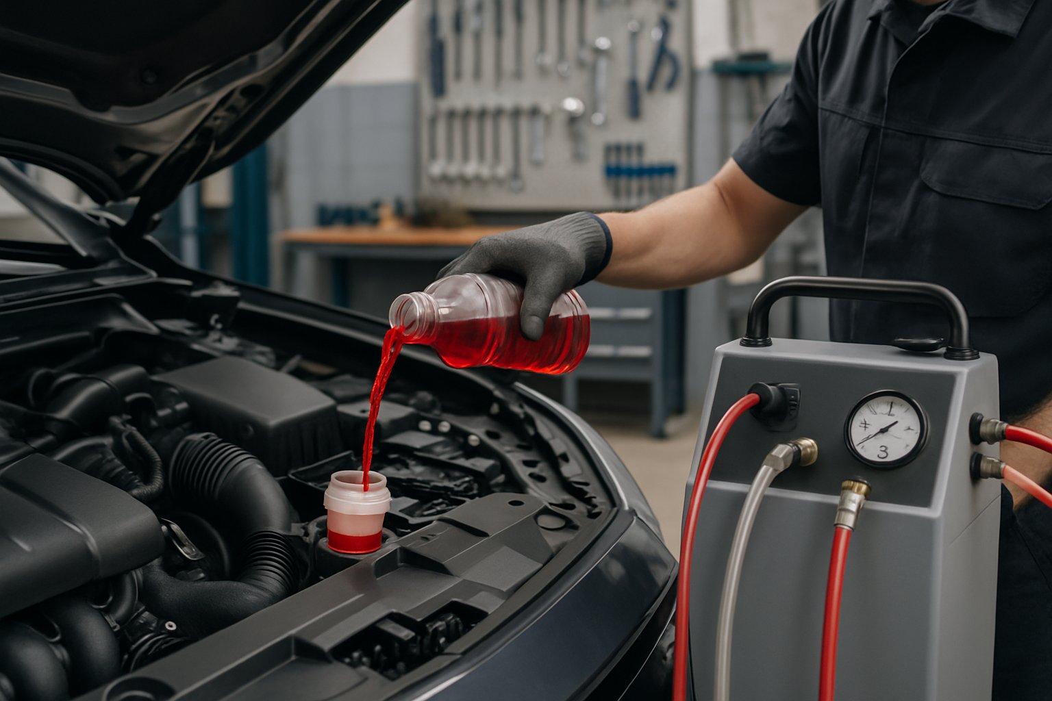 Mechanic pouring red transmission fluid into a car's open hood with a transmission flush machine connected nearby in a clean automotive workshop.
