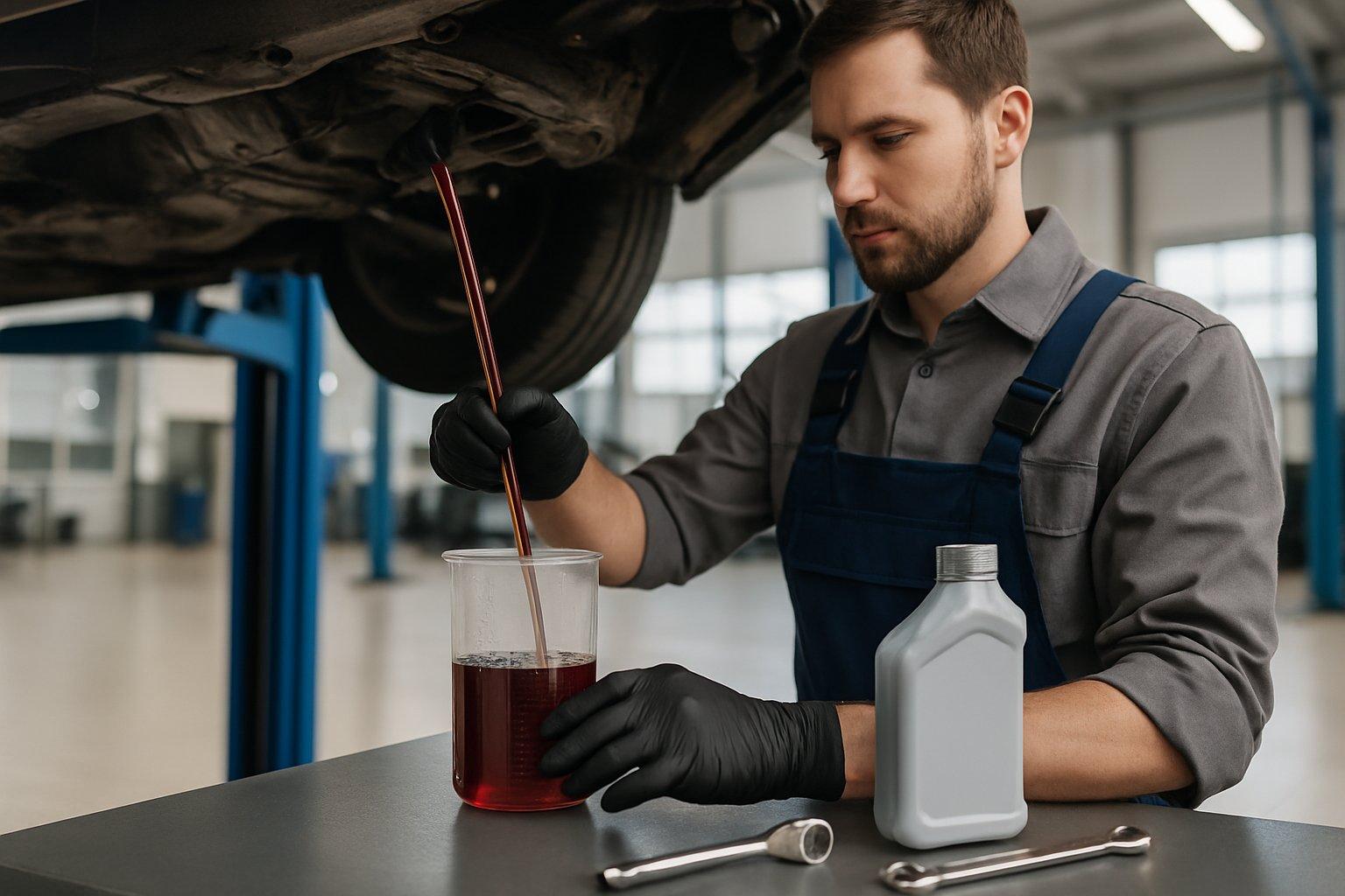 Mechanic draining transmission fluid from a car in a clean automotive workshop with tools and new fluid nearby.