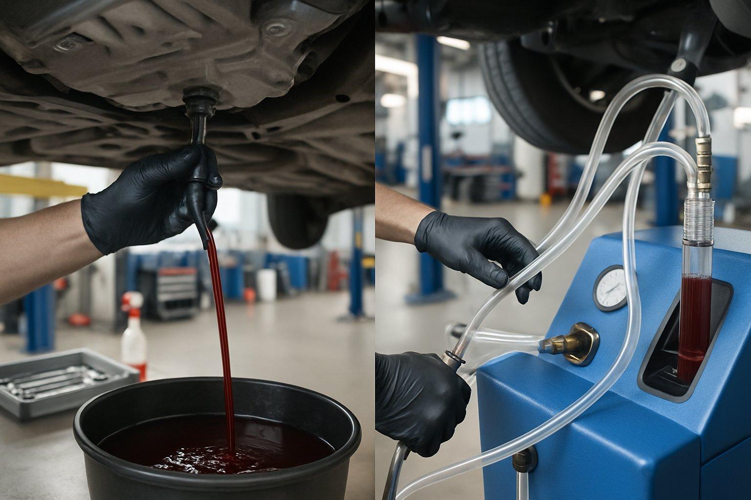 Two mechanics performing transmission fluid maintenance side by side, one draining fluid and the other using equipment to flush fluid in a clean auto repair shop.