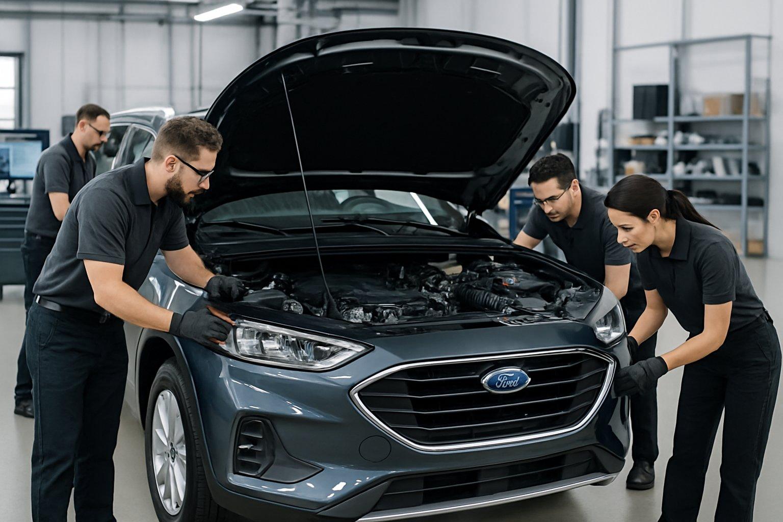 Technicians inspecting a Ford vehicle with its hood open inside an automotive service center.