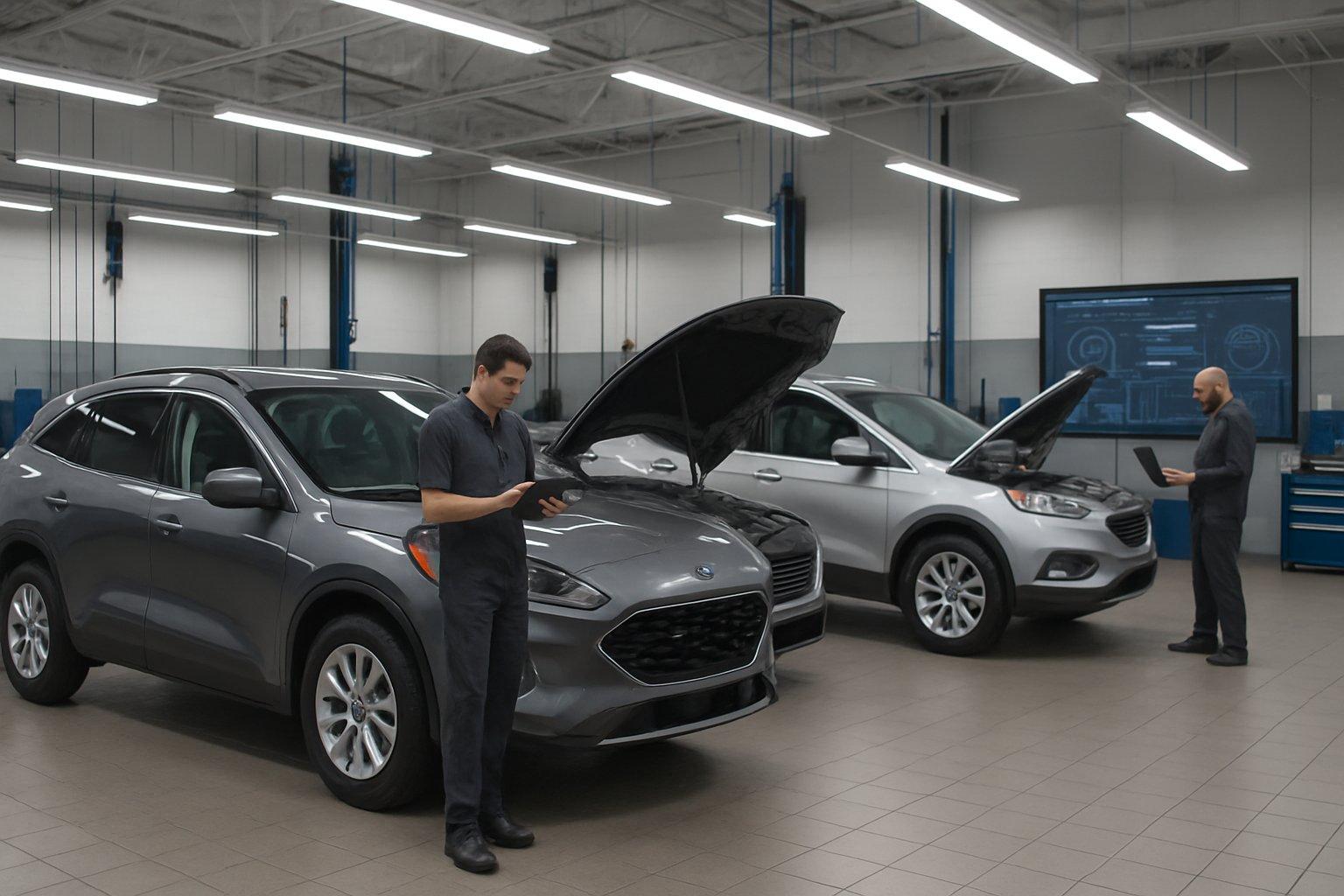 Ford vehicles being inspected by mechanics in a clean service center with diagnostic equipment and digital displays.