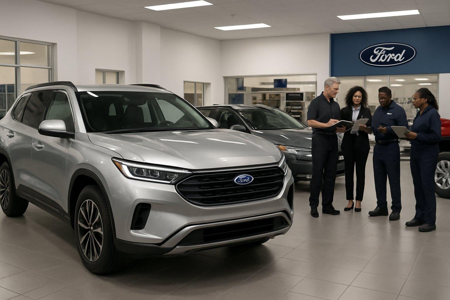 A Ford dealership showroom with 2025 Ford vehicles and technicians discussing vehicle inspections.