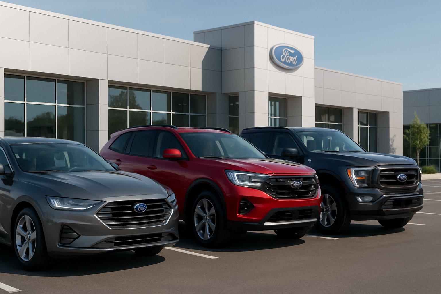 A lineup of various 2025 Ford vehicles parked outside a modern dealership on a clear day.