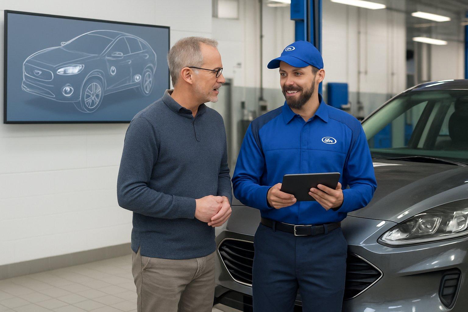 A mechanic and a car owner discussing a Ford vehicle inside an automotive service center with a car schematic displayed in the background.