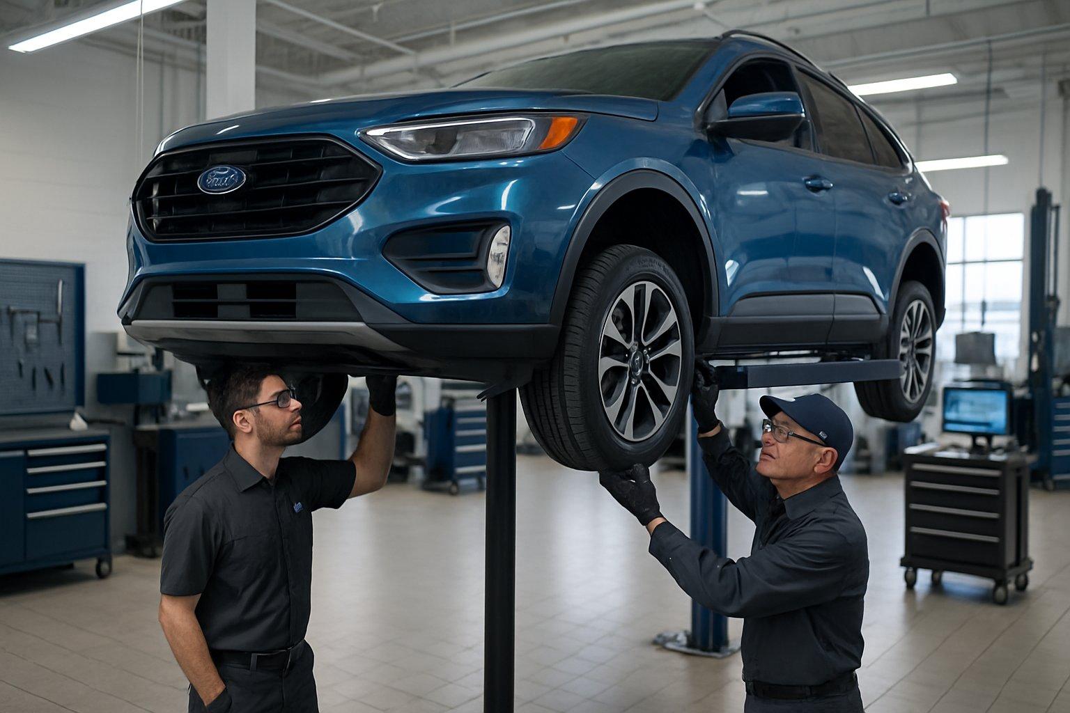 Technicians inspecting and repairing a Ford vehicle in a modern automotive service center.