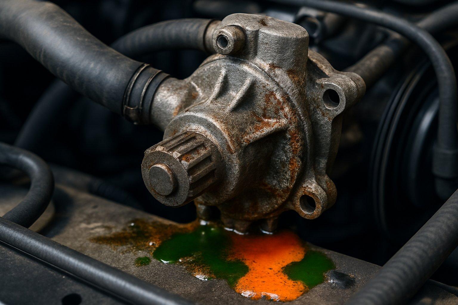 Close-up of a car engine showing a water pump leaking coolant fluid with signs of wear and corrosion.