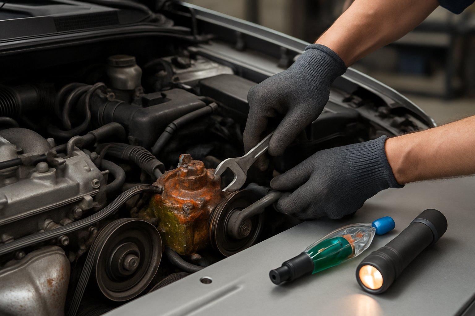 Close-up of a mechanic inspecting a car engine's water pump with visible signs of leakage and corrosion.