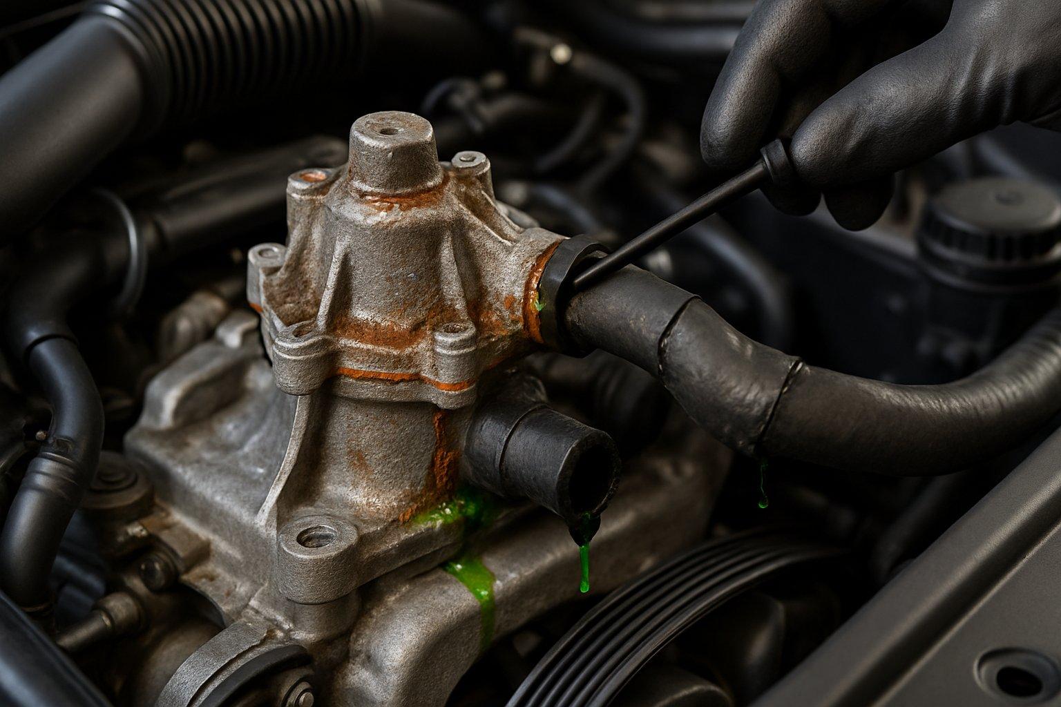 Close-up of a car engine showing a worn water pump with coolant leakage and a cracked hose, with a mechanic inspecting the area.