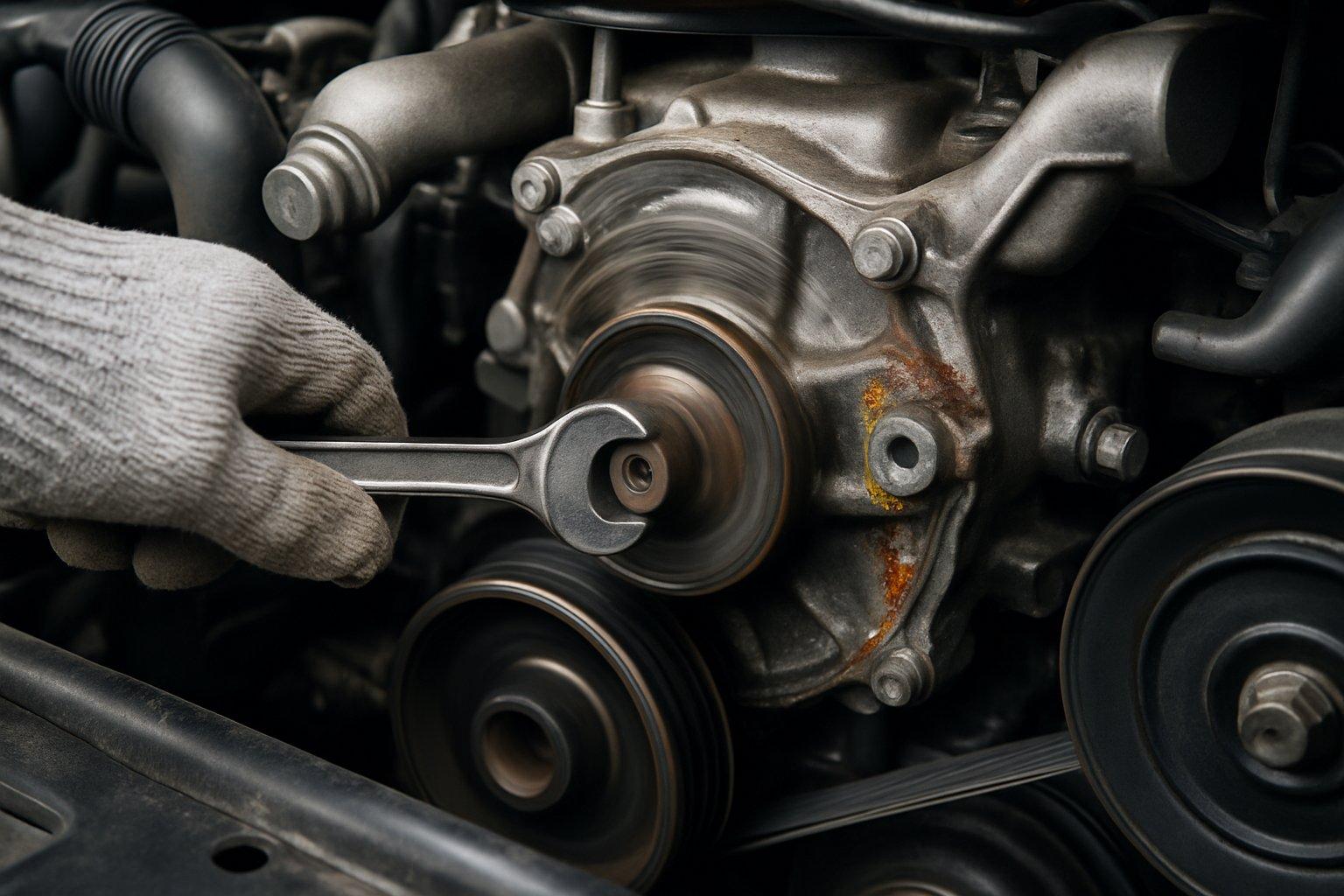 Close-up of a mechanic inspecting a car's water pump in the engine compartment.
