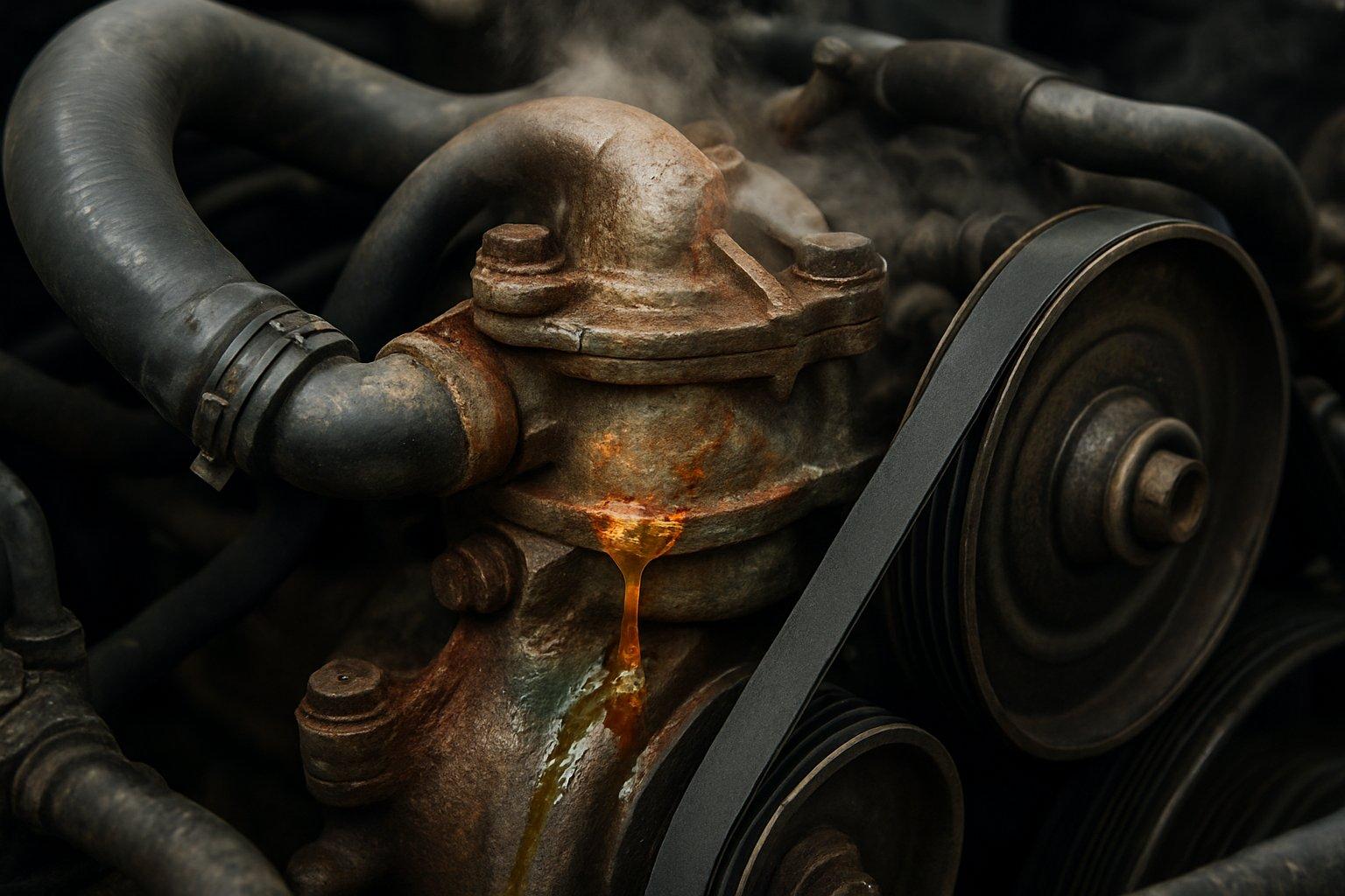 Close-up view of a car engine showing a leaking water pump with signs of corrosion, surrounded by engine parts with steam rising.