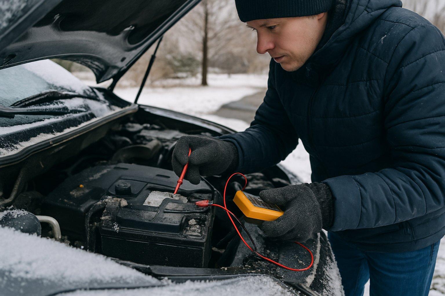 Person inspecting a car battery outdoors in winter with snow on the ground and the car hood open.
