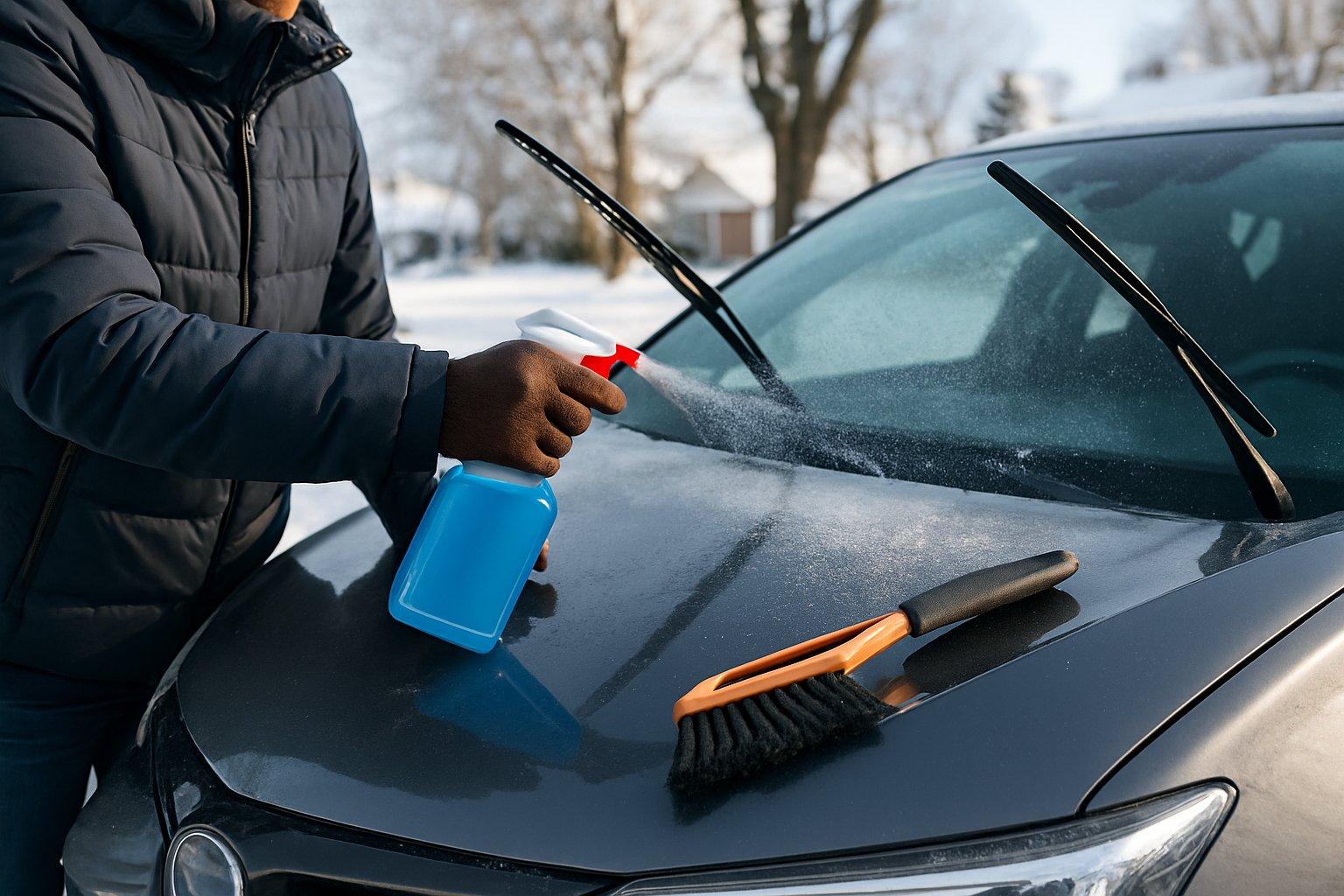 Person applying de-icer spray to a car windshield outdoors on a snowy winter day.