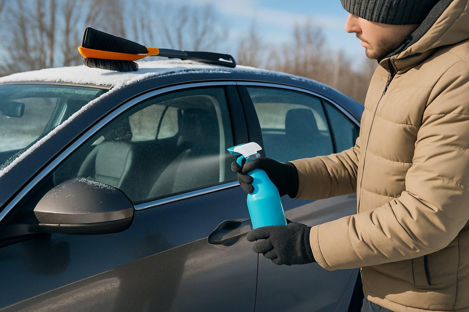 Person applying protective spray to a car's exterior outdoors on a cold winter day with snow on the ground and winter tools nearby.