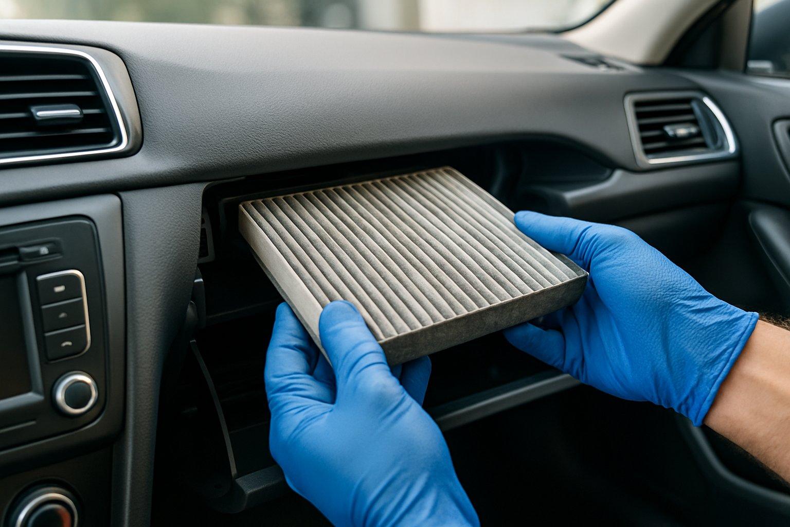 Hands removing a cabin air filter from a car interior with the dashboard and glove compartment visible.