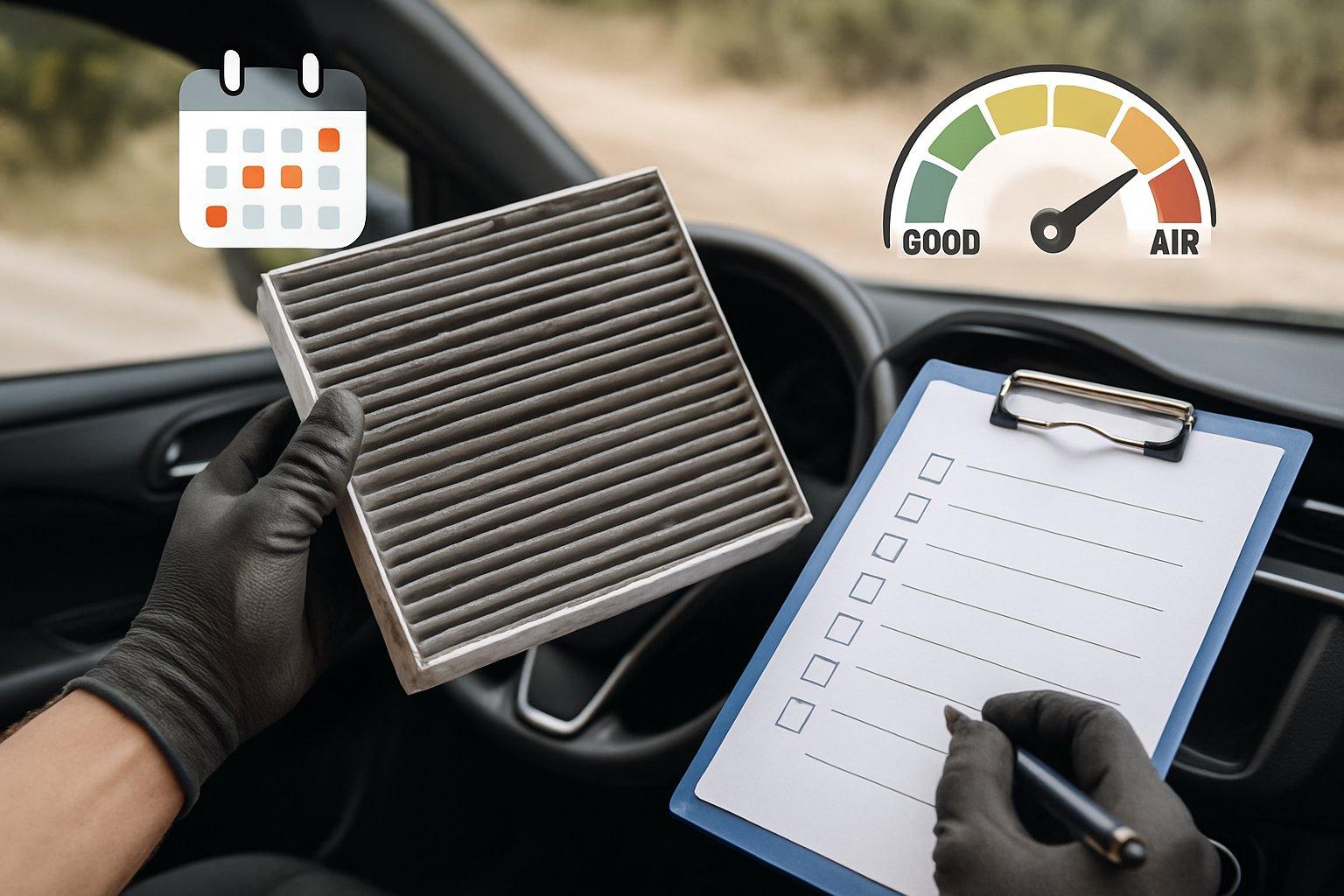 A mechanic inspecting a car cabin air filter inside a vehicle with a calendar and air quality gauge visible nearby.