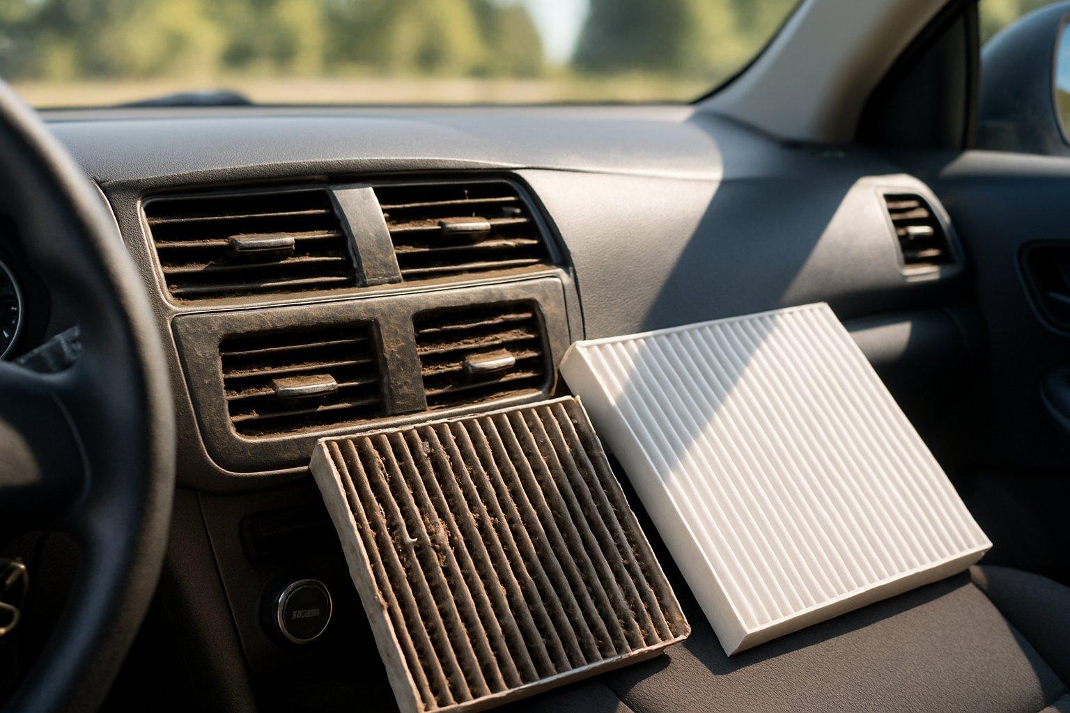 Car interior with dusty air vents and a dirty cabin air filter next to a clean one on the passenger seat.