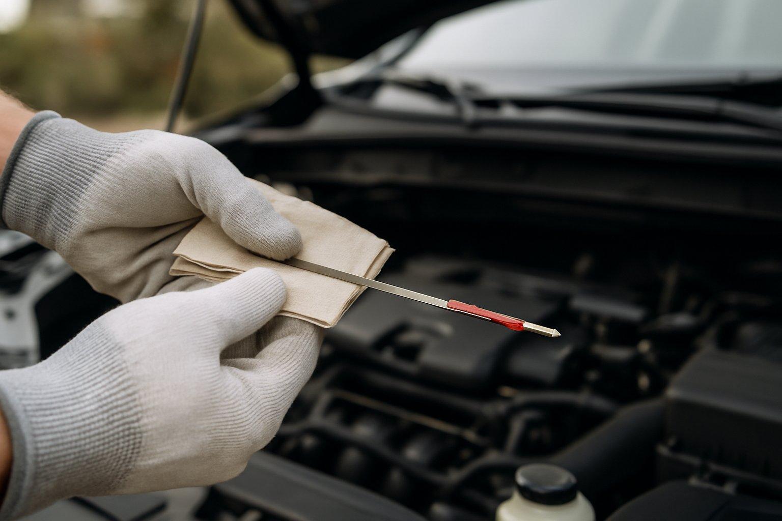 Close-up of hands holding a transmission fluid dipstick pulled from an open car engine.