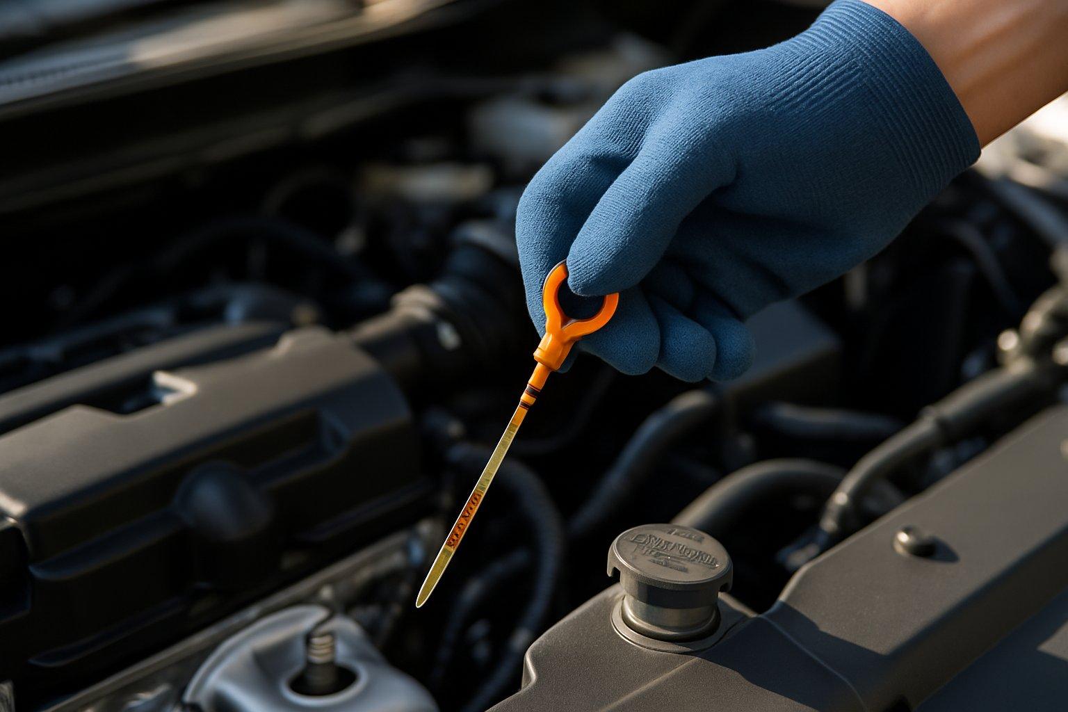 Close-up of a person’s gloved hand pulling out a transmission fluid dipstick from a car engine.