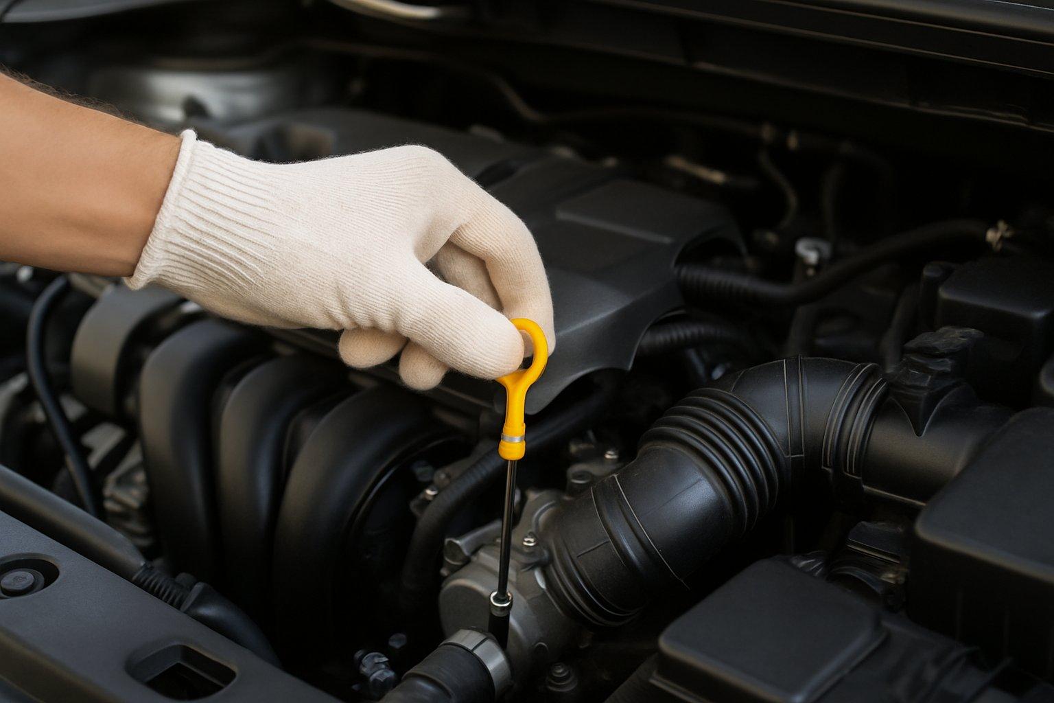 A hand wearing a glove pulling out the transmission dipstick from a car engine.