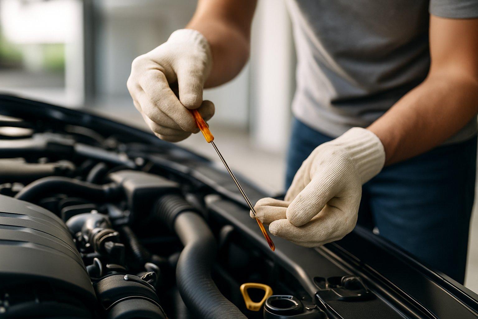 Close-up of hands pulling out a transmission fluid dipstick from an open car engine.
