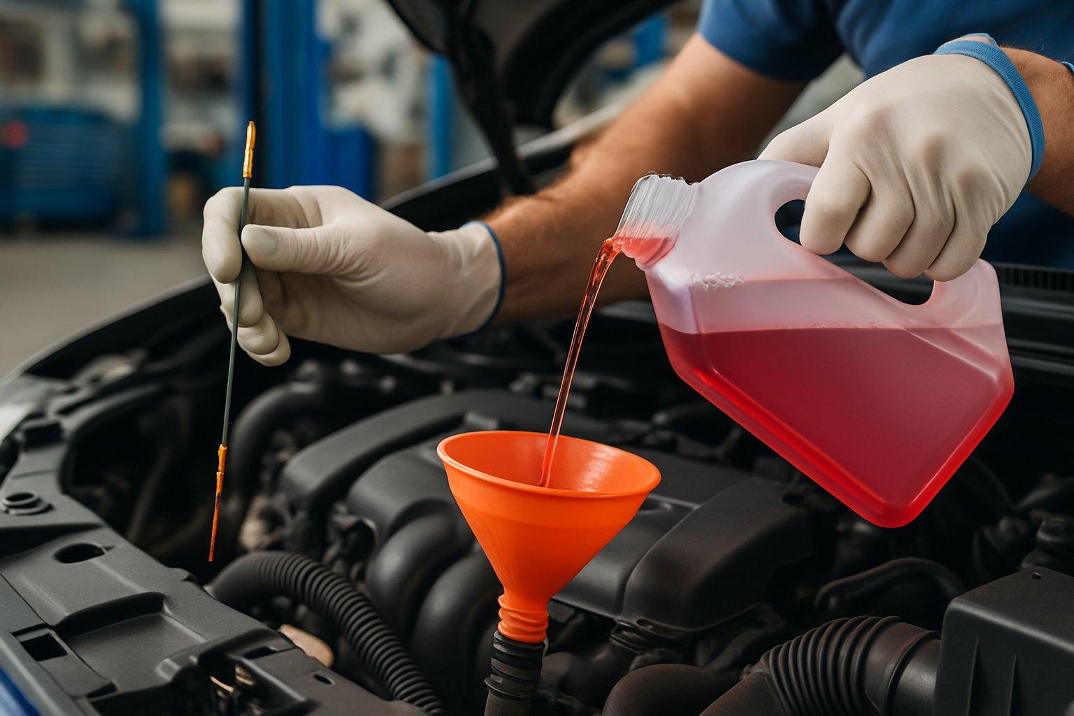 A mechanic checking and adding transmission fluid to a car under an open hood in a garage.