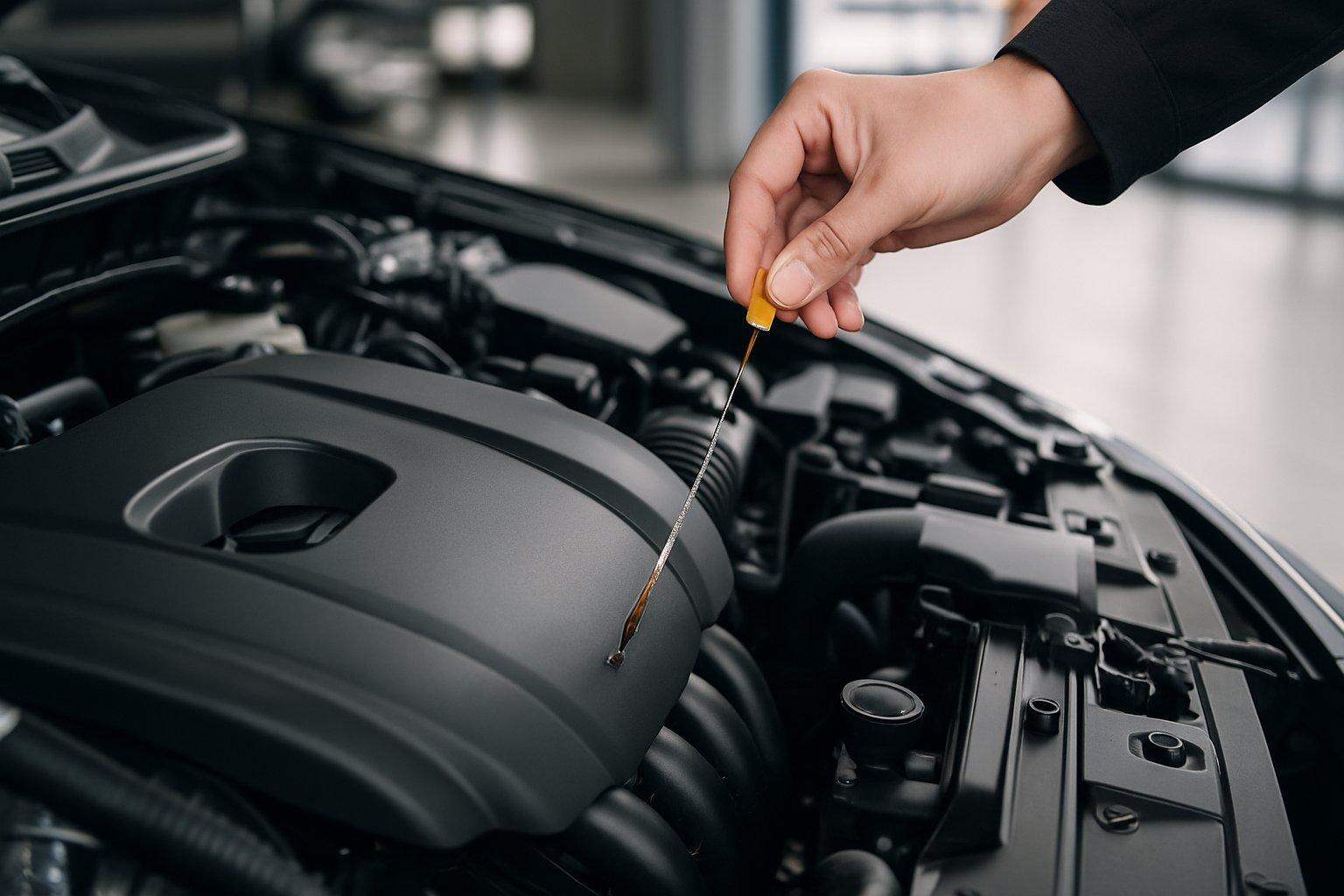 Person checking engine oil level with dipstick in a car engine bay.