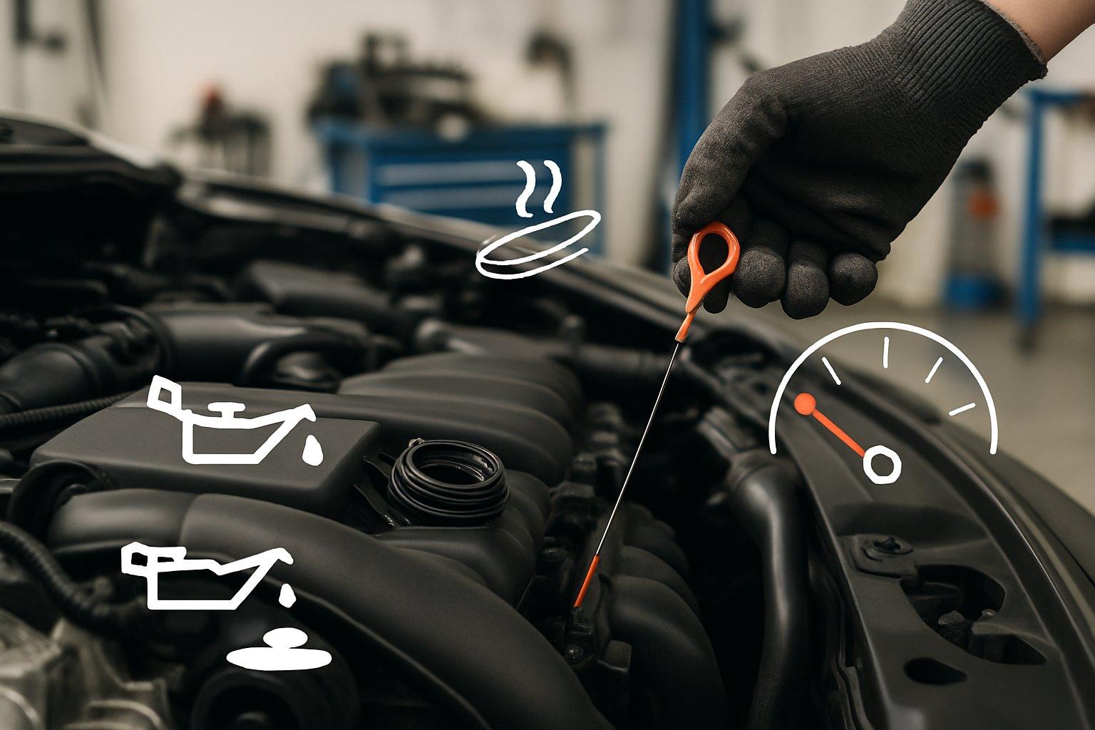 Close-up of a car engine with a mechanic checking the oil dipstick, showing signs of oil leakage and a loose oil filler cap in a workshop.