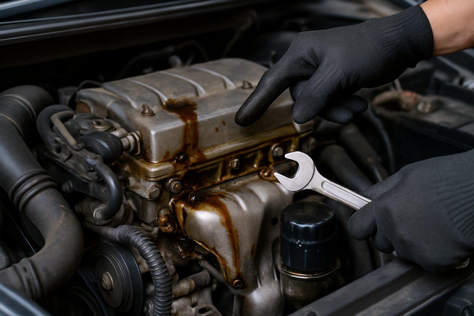 Close-up of a car engine with oil leaks and a mechanic inspecting the area with a wrench.