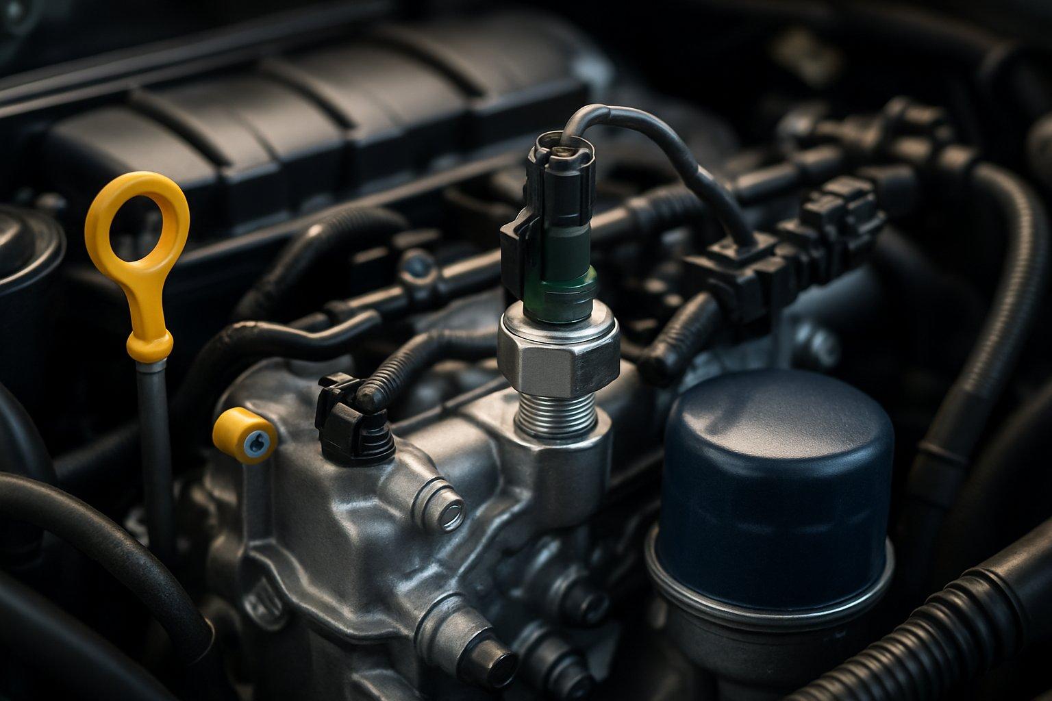 Close-up view of a car engine compartment focusing on the oil pressure sensor and surrounding oil system components.