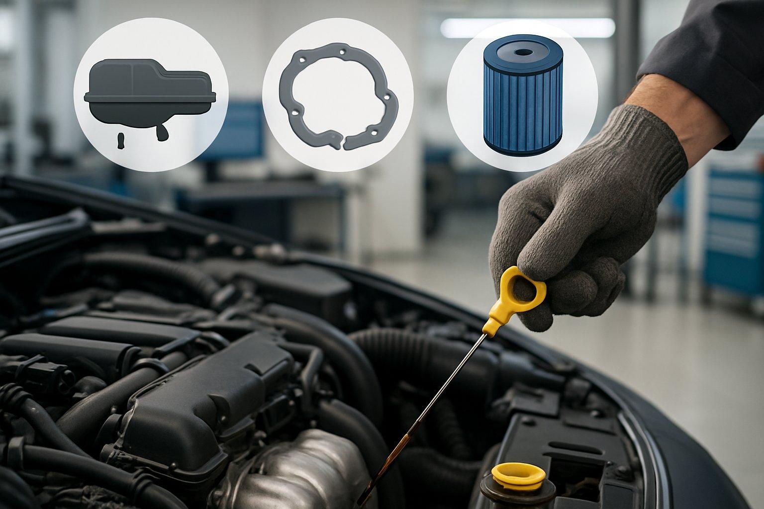 Close-up of a car engine being inspected by a mechanic, showing signs of oil leakage and worn parts.
