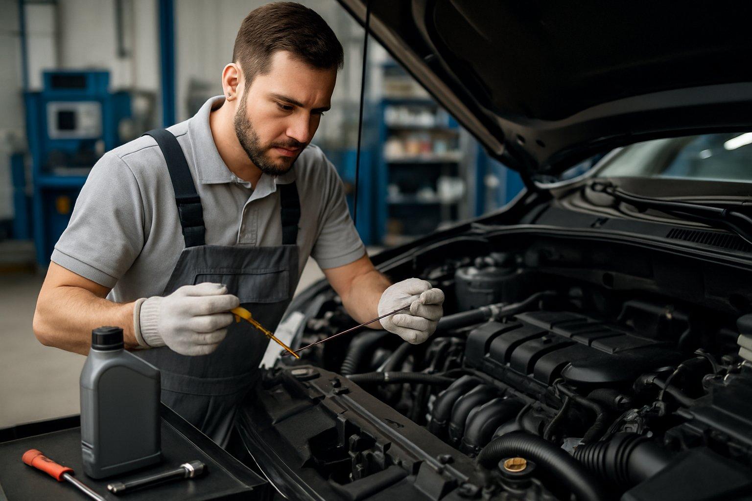 A mechanic checking the engine oil level of a car with the hood open in a workshop.