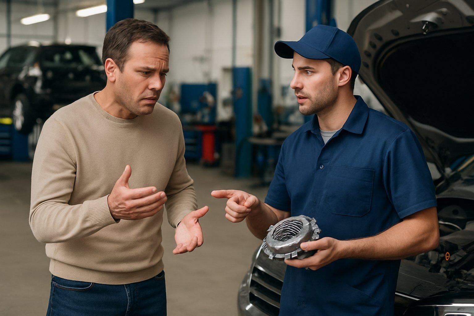 A man talks with a mechanic in a car repair shop, looking concerned while the mechanic points to a car part under the open hood.