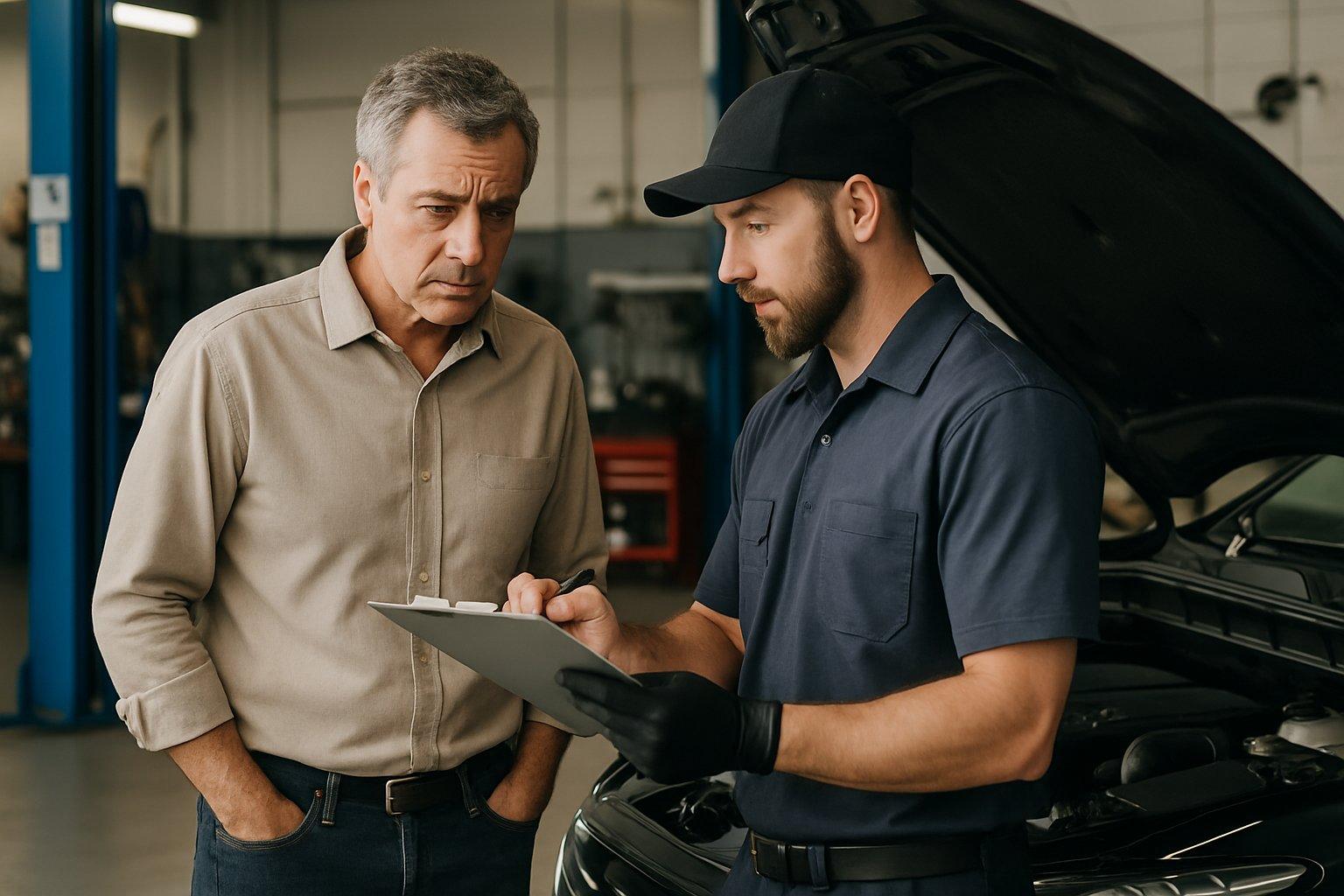 A man talking seriously with a mechanic beside a car with its hood open in a repair garage.