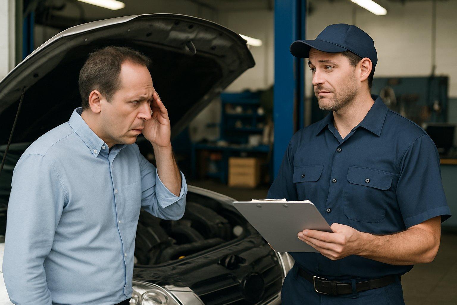 A car owner talks with a mechanic beside an open car hood in an auto repair shop, showing a tense interaction.