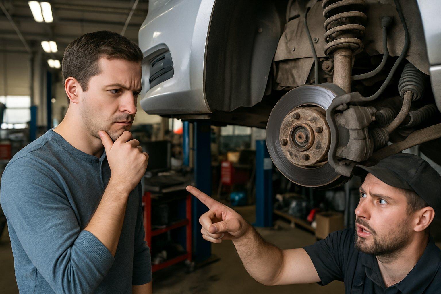 A car owner talks with a mechanic near a car lifted in a repair shop, showing worn brake pads and damaged suspension parts.