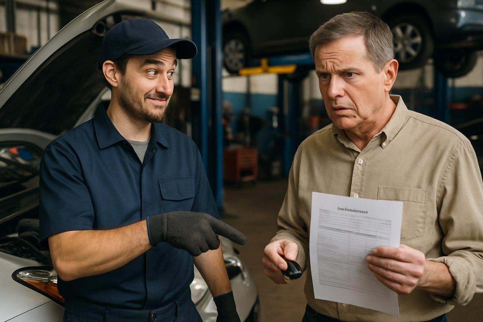 A mechanic shows a concerned car owner exaggerated damage in a car repair shop.