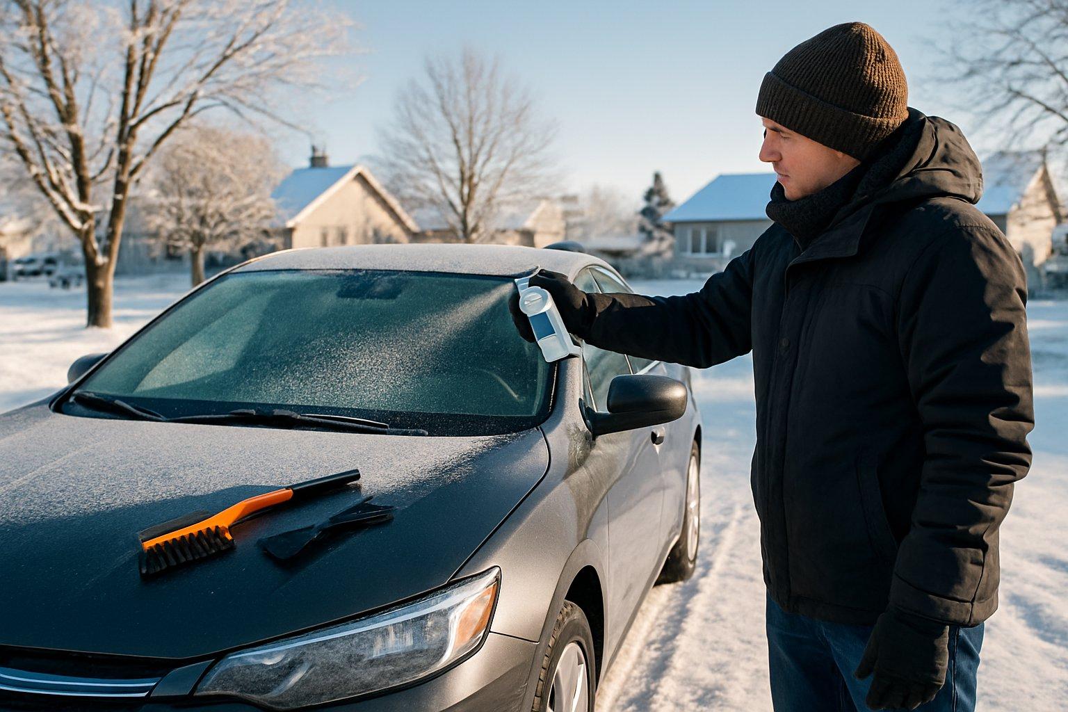 Person winterizing a car by applying de-icing spray to the windshield on a snowy driveway in a suburban neighborhood.
