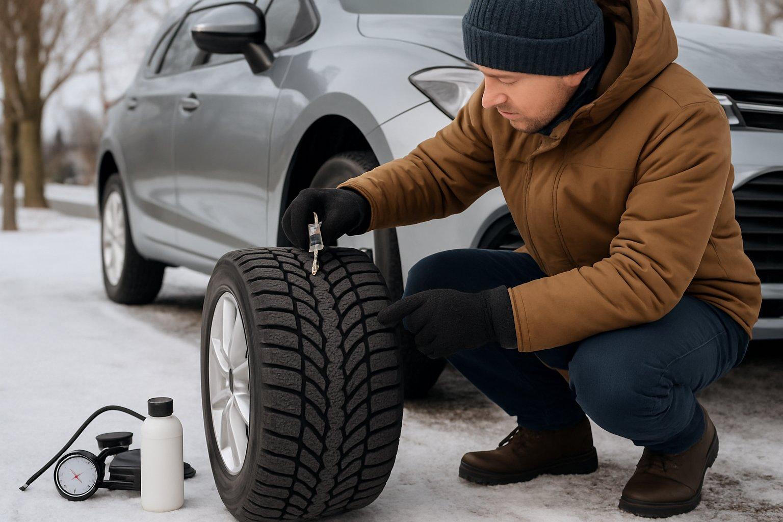 Person inspecting a car tire outdoors on a snowy day, preparing the vehicle for winter.