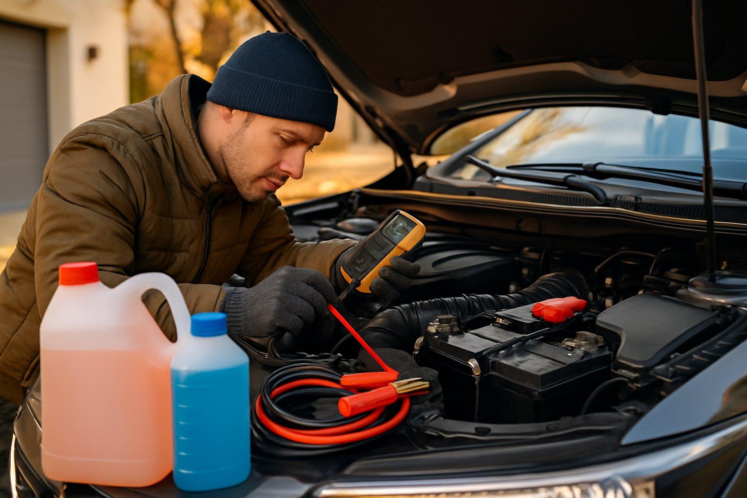 Person inspecting a car battery and electrical components under an open hood, preparing the vehicle for winter.