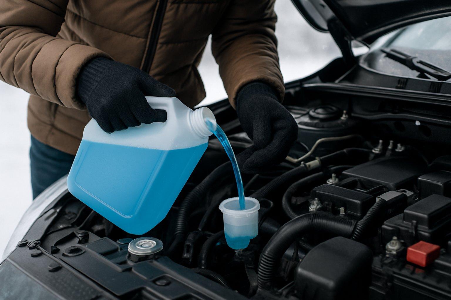 Person wearing gloves pouring antifreeze into a car's radiator under the hood on a cold day.
