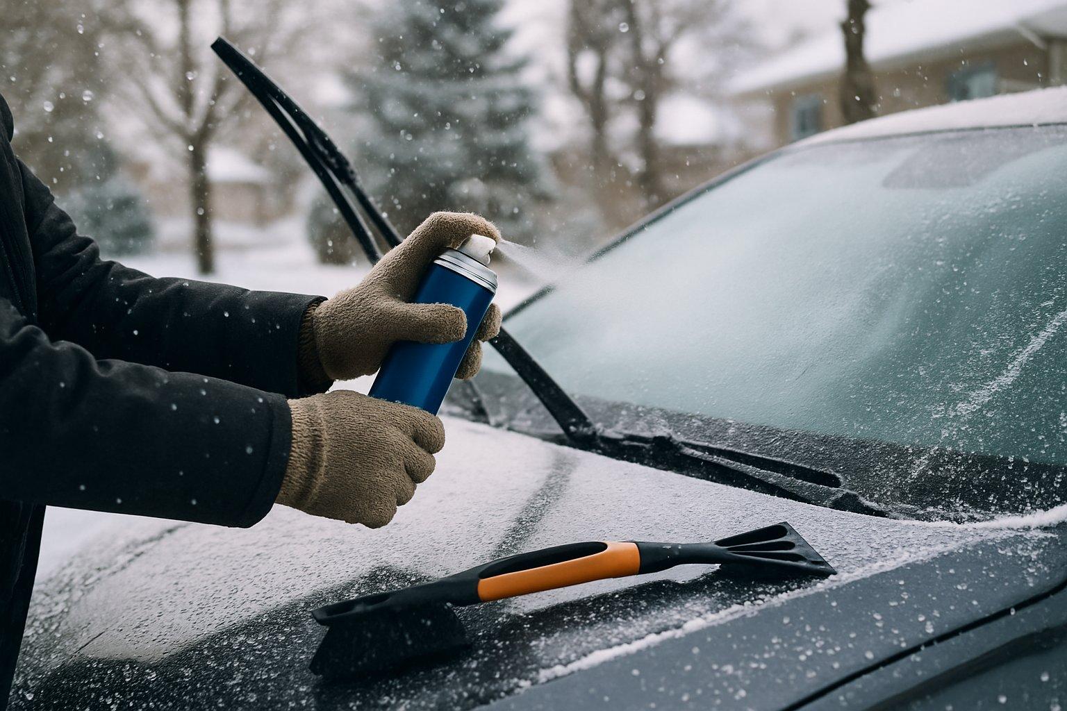 Person applying de-icer spray to a car windshield on a snowy day with snow-covered trees and houses in the background.