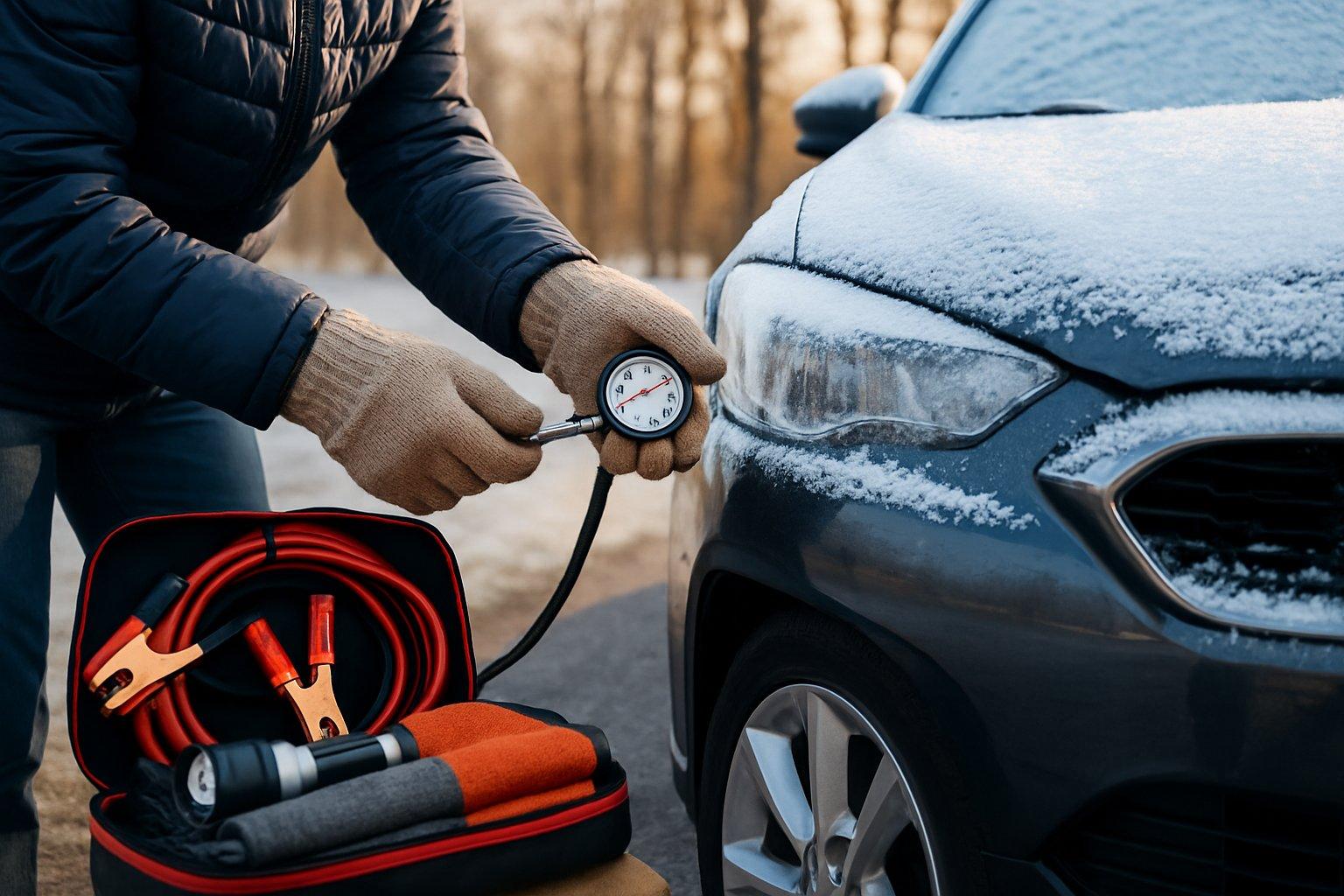 Person wearing gloves checking car tire pressure next to a car with light snow and an emergency kit on the ground on a winter morning.