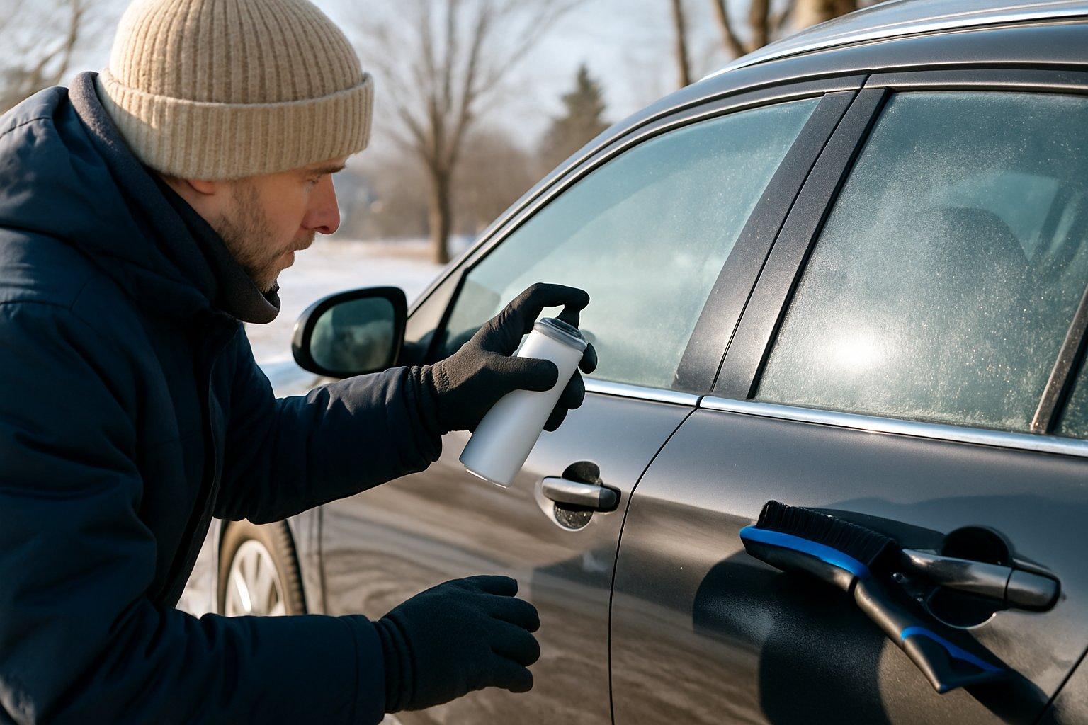 Person winterizing a car by applying protective spray to the exterior with snow brush and ice scraper on the hood in a snowy outdoor setting.