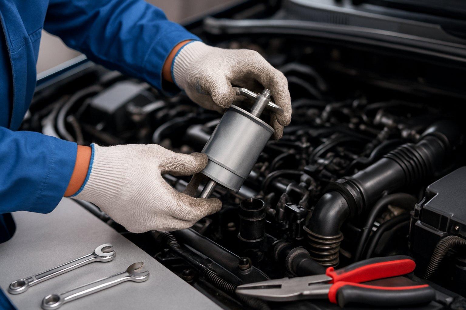 A mechanic wearing gloves removes a fuel filter from a car engine in a well-lit garage.