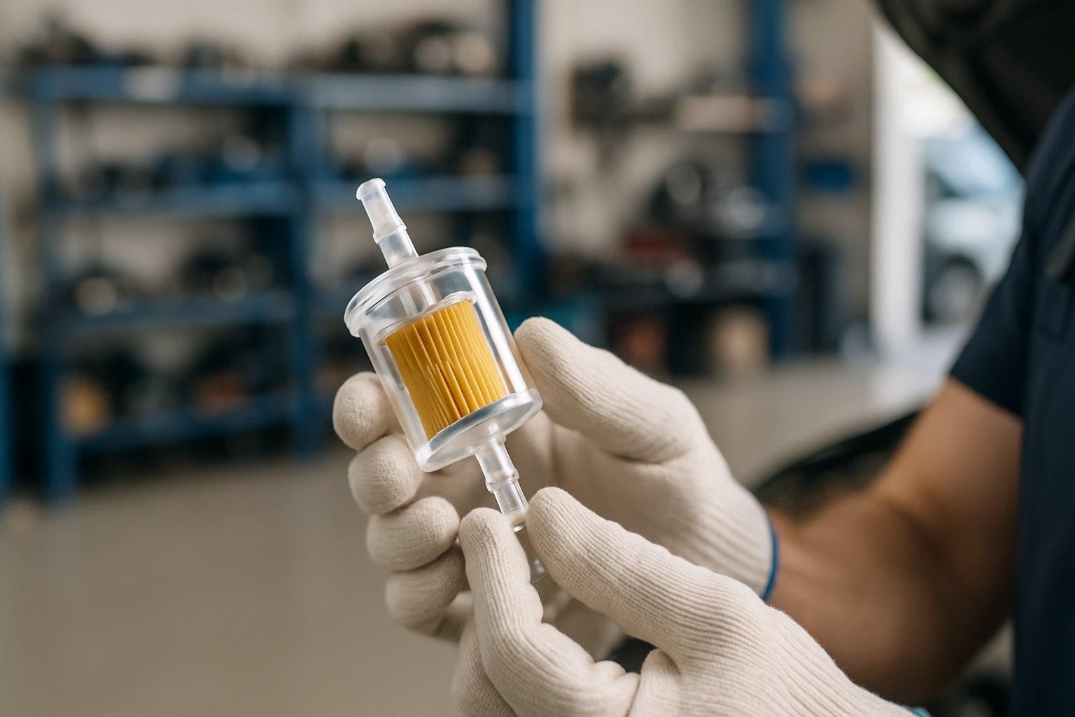 Hands holding and inspecting a clean fuel filter in an automotive workshop.