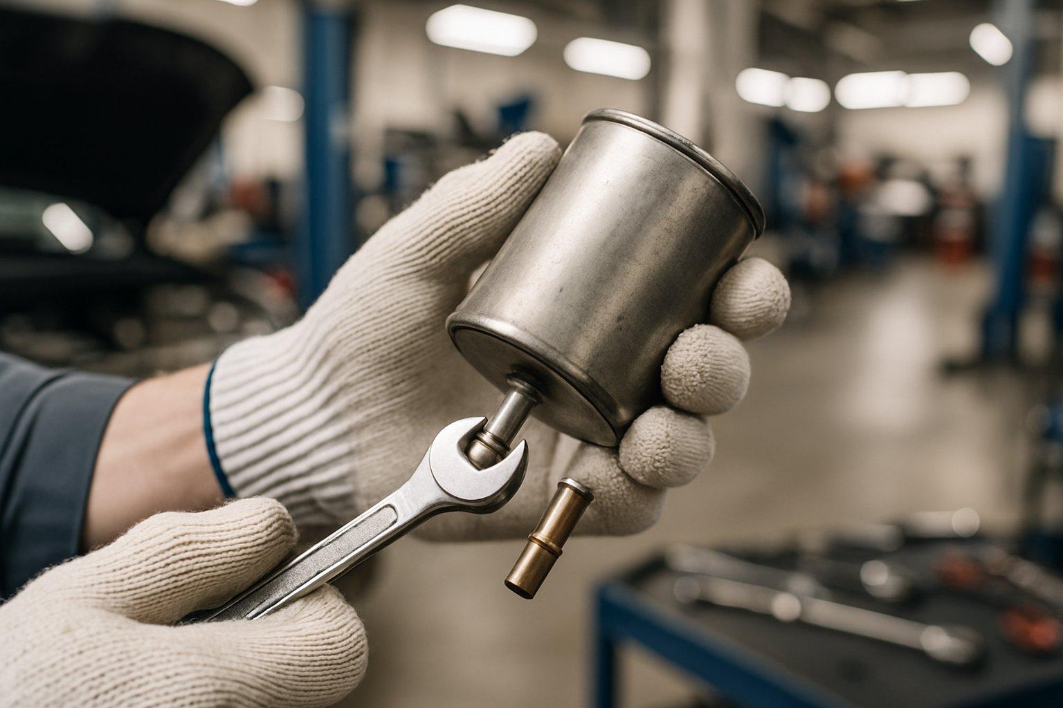 Mechanic's gloved hands inspecting a fuel filter in an automotive workshop.