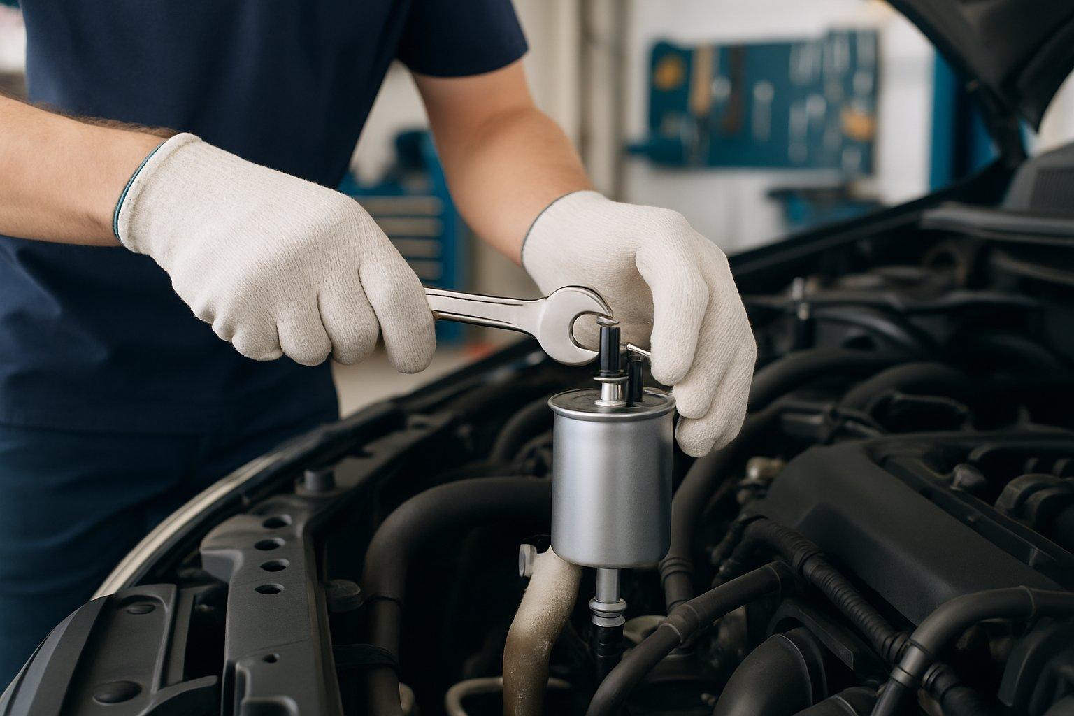 A mechanic inspecting a vehicle's fuel filter under the hood in a workshop.
