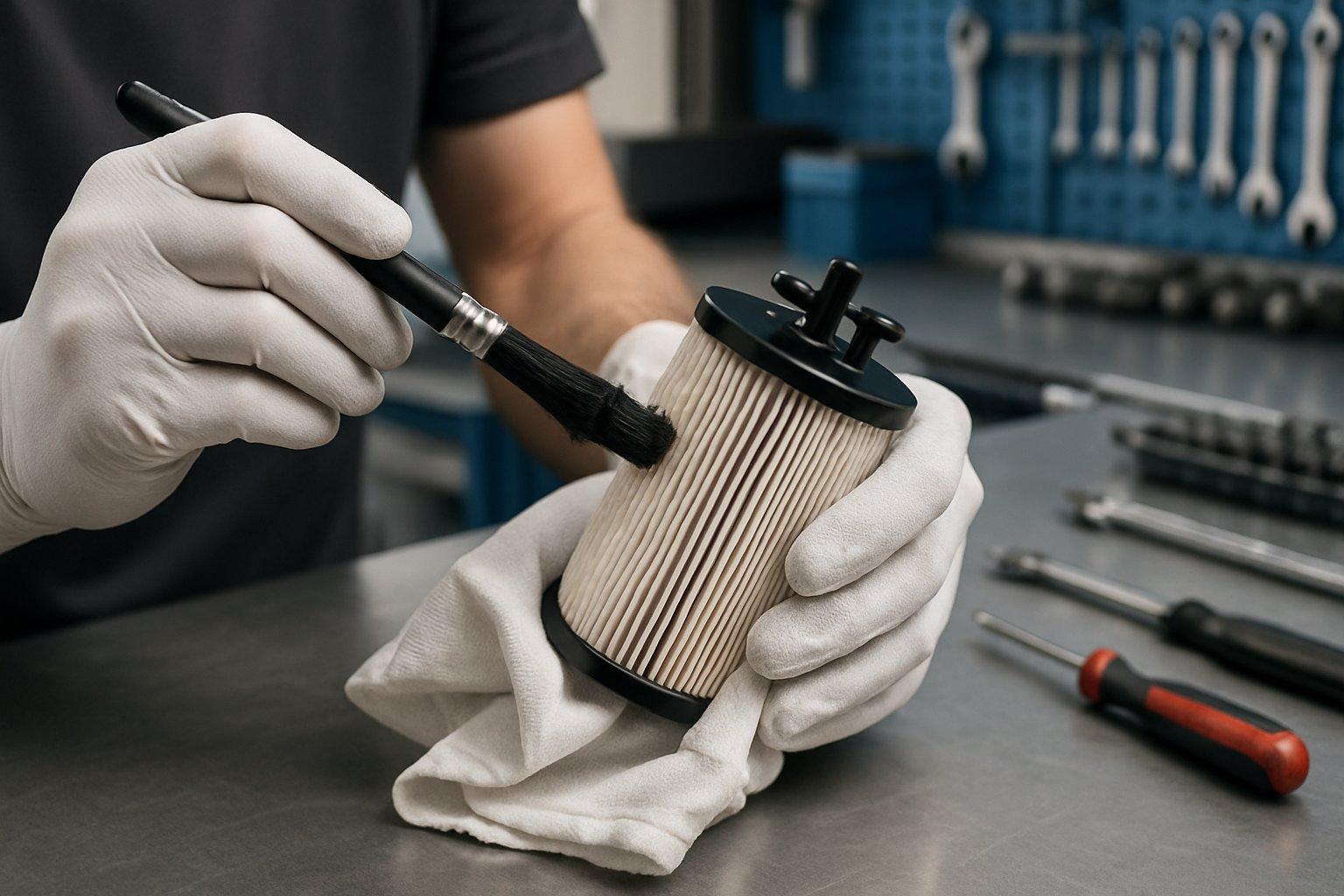 A mechanic wearing gloves cleaning a fuel filter on a workbench in an automotive workshop.