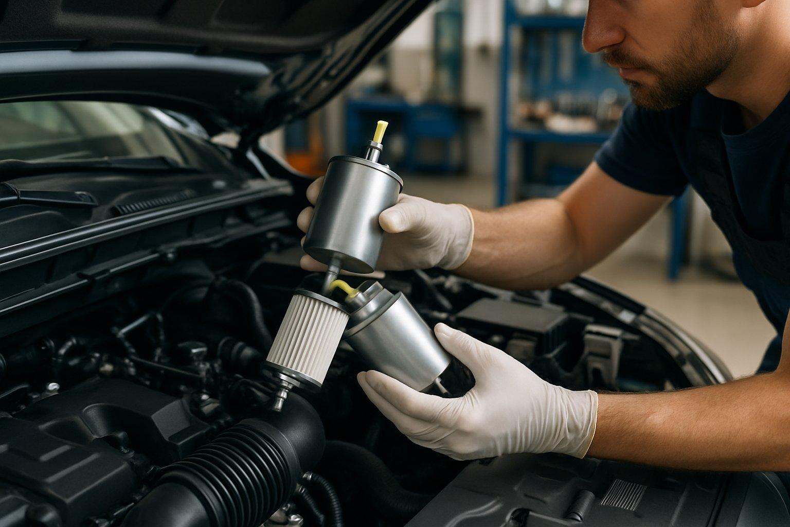 Mechanic inspecting and replacing a fuel filter under a car hood in an automotive workshop.