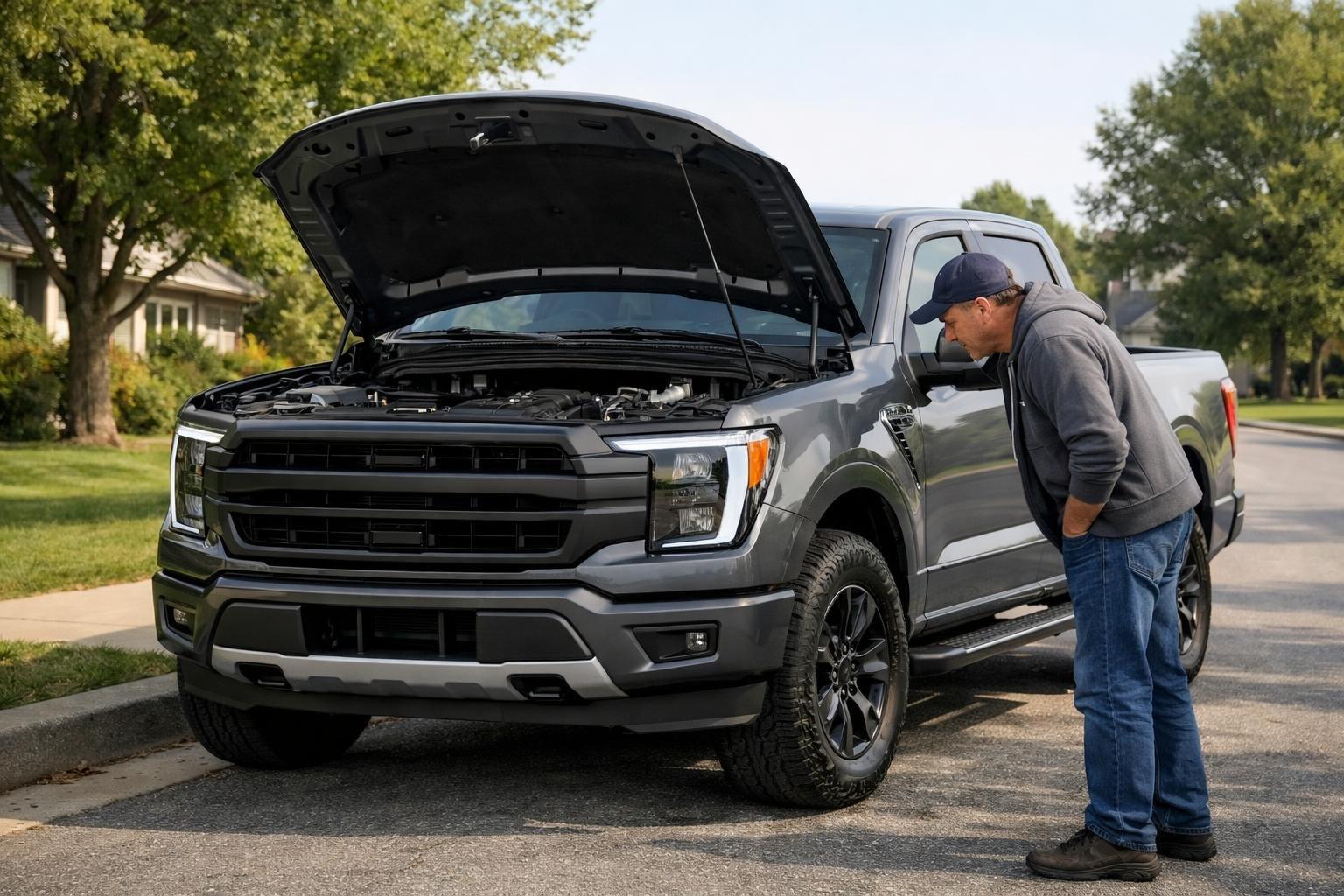 A person inspecting the open hood of a 2025 Ford F-150 pickup truck parked on a suburban street.